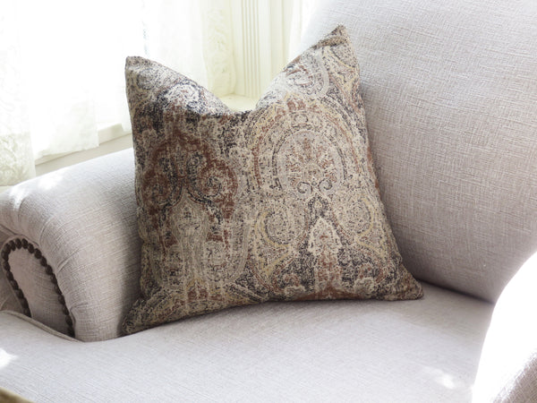 brown and grey toned paisley medallion tapestry pillow cover