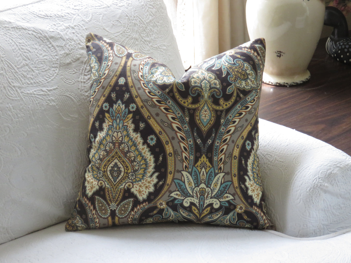 brown teal gold bark cloth pillow cover with paisley medallion motif