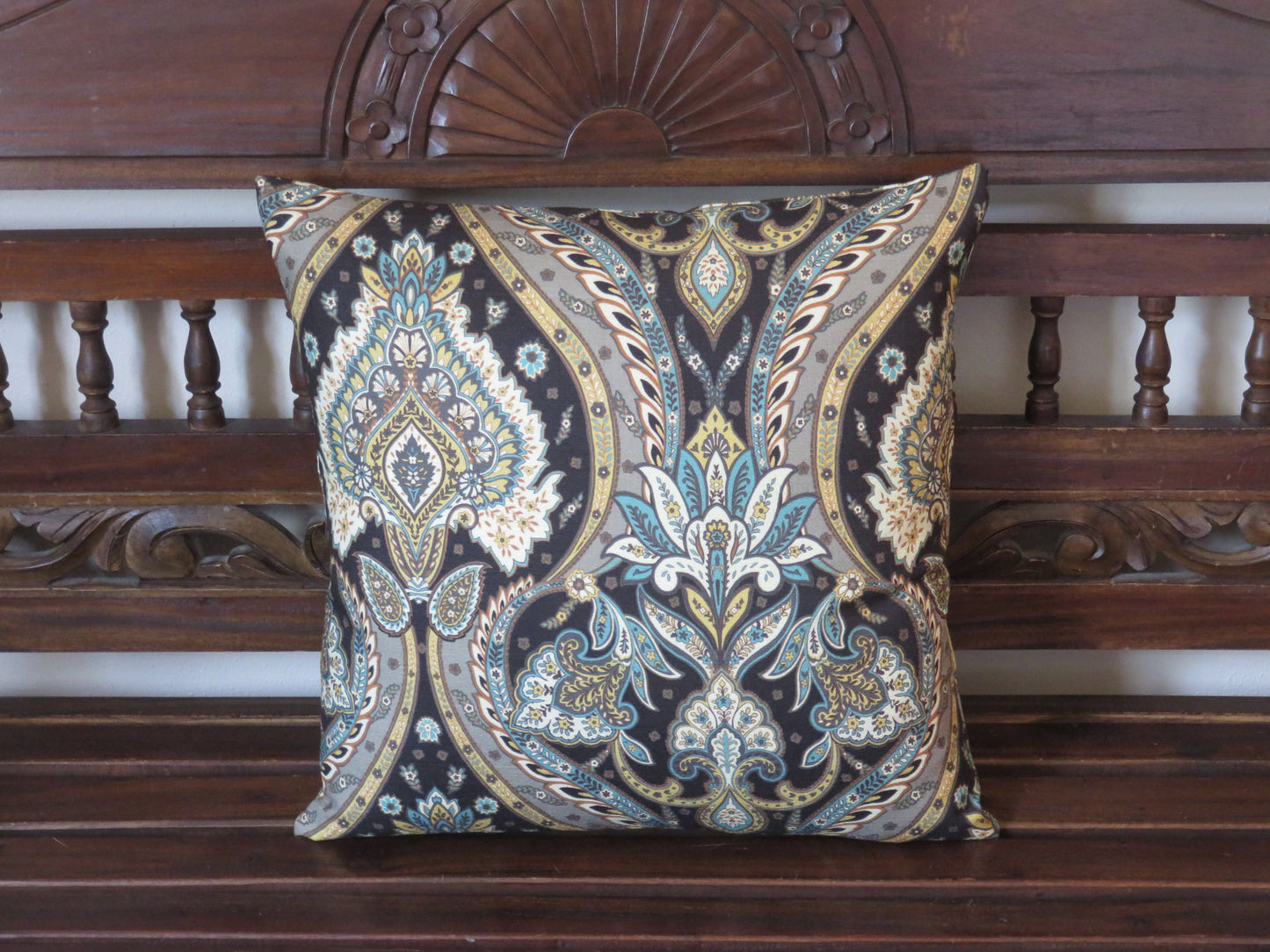 brown teal gold bark cloth pillow cover with paisley medallion motif