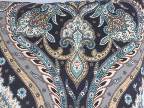 brown teal gold bark cloth pillow cover with paisley medallion motif