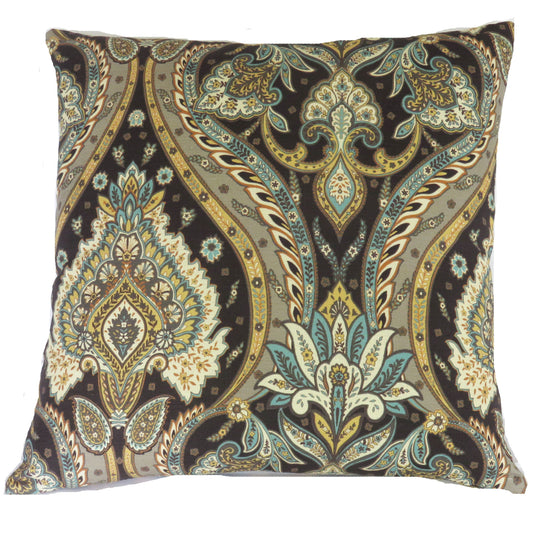 brown teal gold bark cloth pillow cover with paisley medallion motif