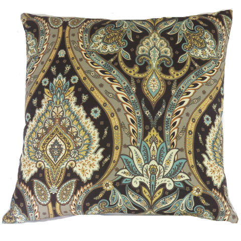 brown teal gold bark cloth pillow cover with paisley medallion motif