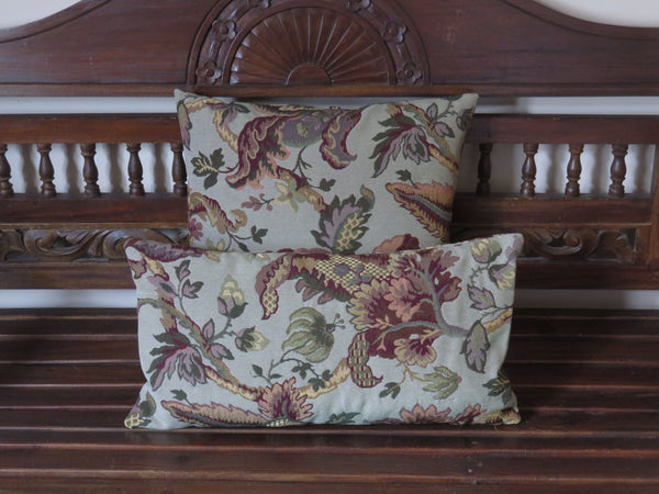 celadon green and burgundy jacobean floral pillow cover