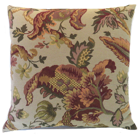 celadon green and burgundy jacobean floral pillow cover