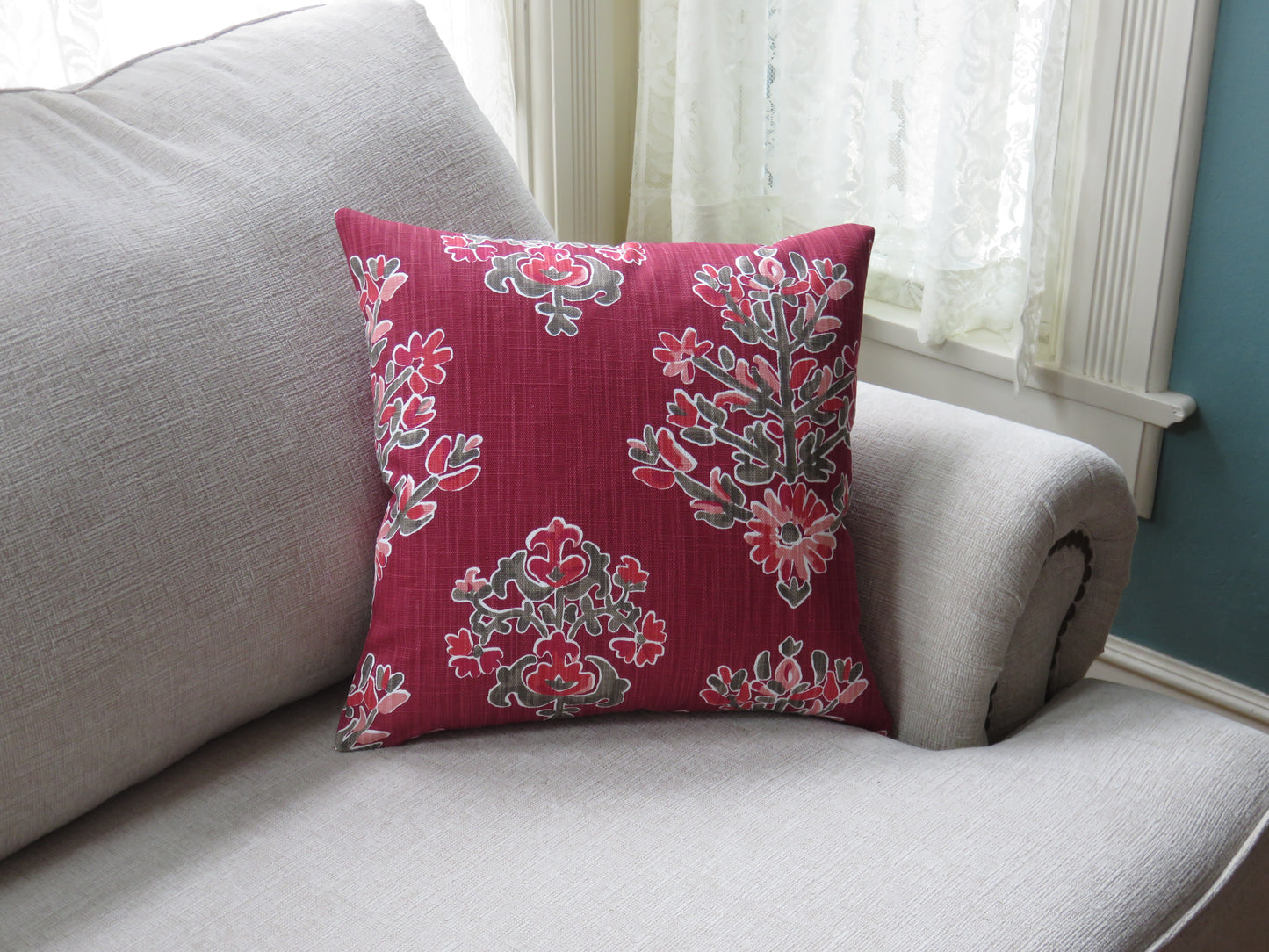 Cranberry Red Floral Medallion PIllow Cover, Lacefield Clara in Ruby