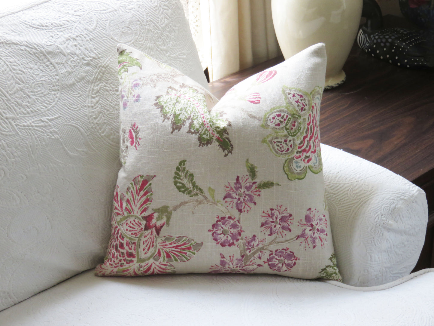 beige and pink linen floral pillow cover made from P kaufmann retreat fabric in clover