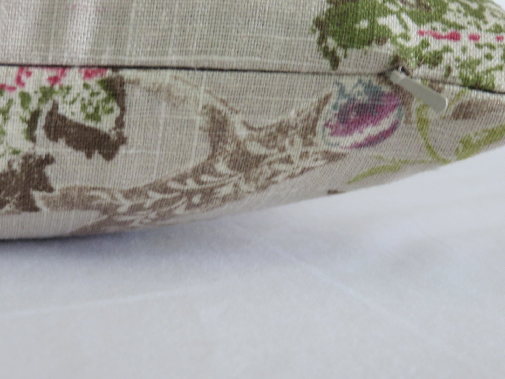 beige and pink linen floral pillow cover made from P kaufmann retreat fabric in clover