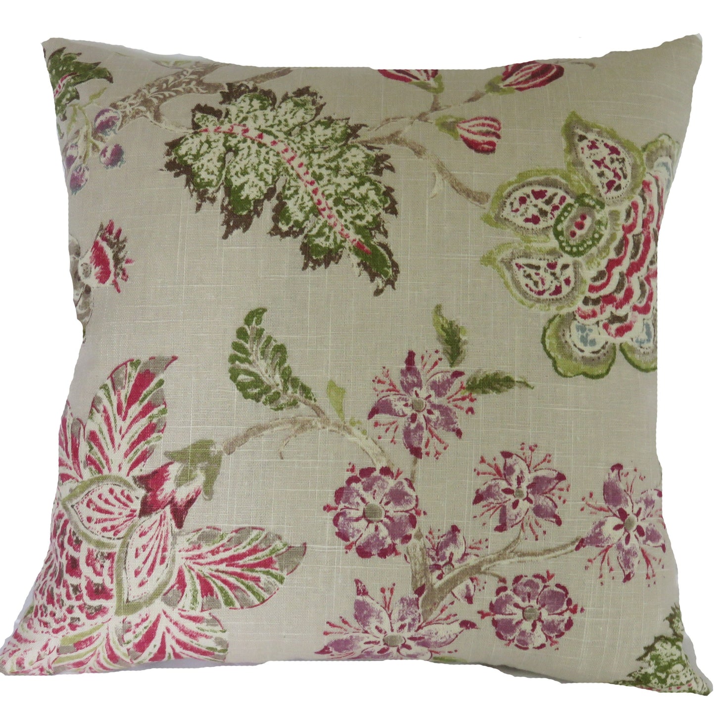 beige and pink linen floral pillow cover made from P kaufmann retreat fabric in clover