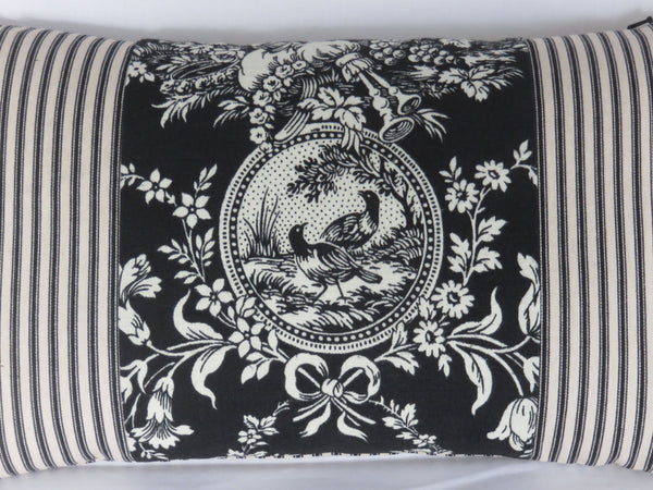 country house toile lumbar pillow cover in soft white and black, with coordinating ticking stripe