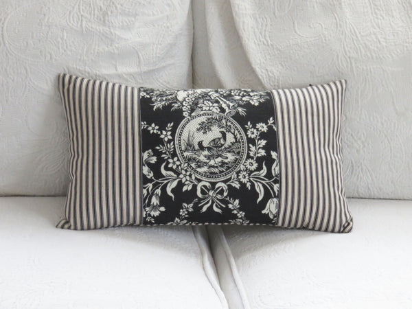 country house toile lumbar pillow cover in soft white and black, with coordinating ticking stripe