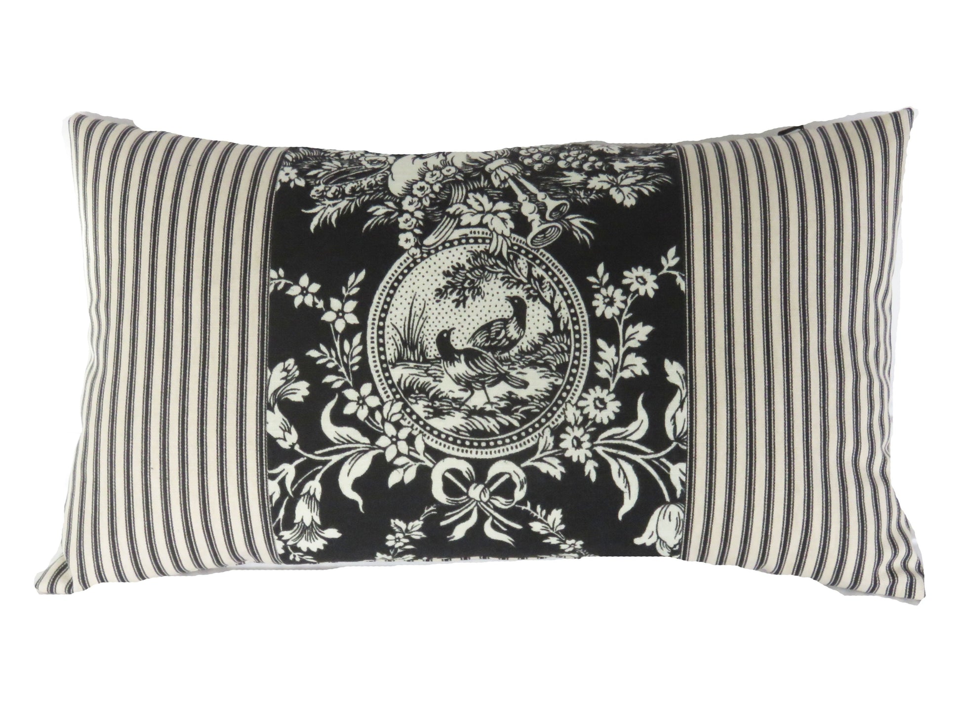 country house toile lumbar pillow cover in soft white and black, with coordinating ticking stripe