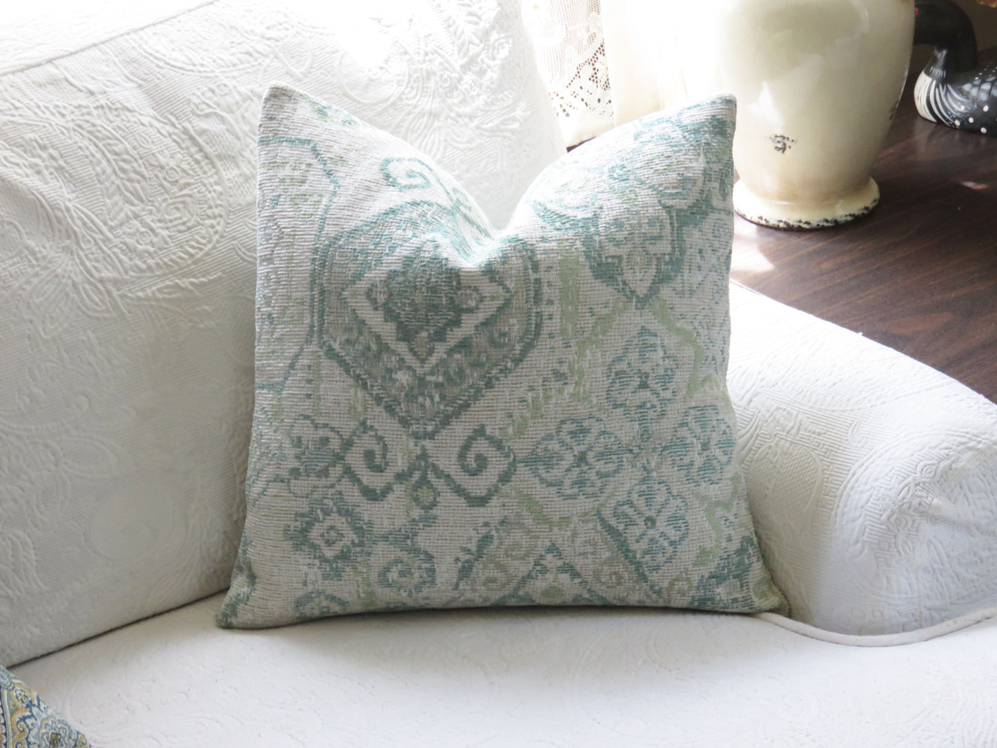 cream and teal kilim motif chenille pillow cover