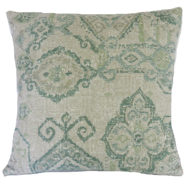 cream and teal kilim motif chenille pillow cover