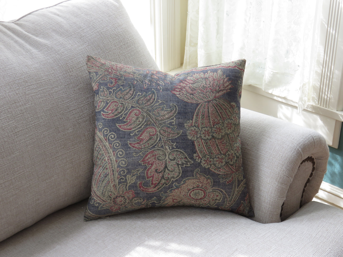 Denim Blue Indienne Floral and Paisley Pillow Cover,  Loggia in Azure
