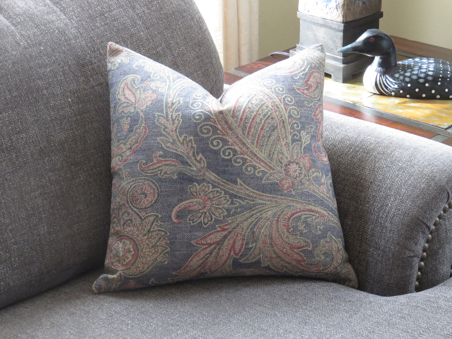 Denim Blue Indienne Floral and Paisley Pillow Cover,  Loggia in Azure