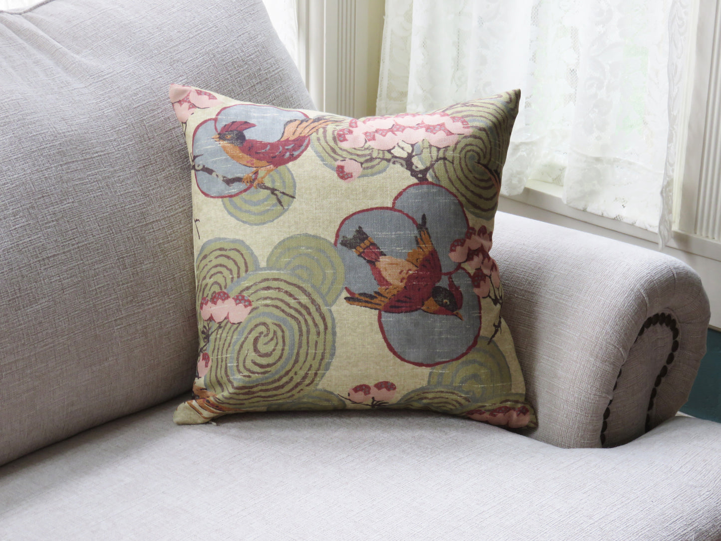 Tan, Green, Pink Asian Birds Pillow Cover,  Kyomi in Document