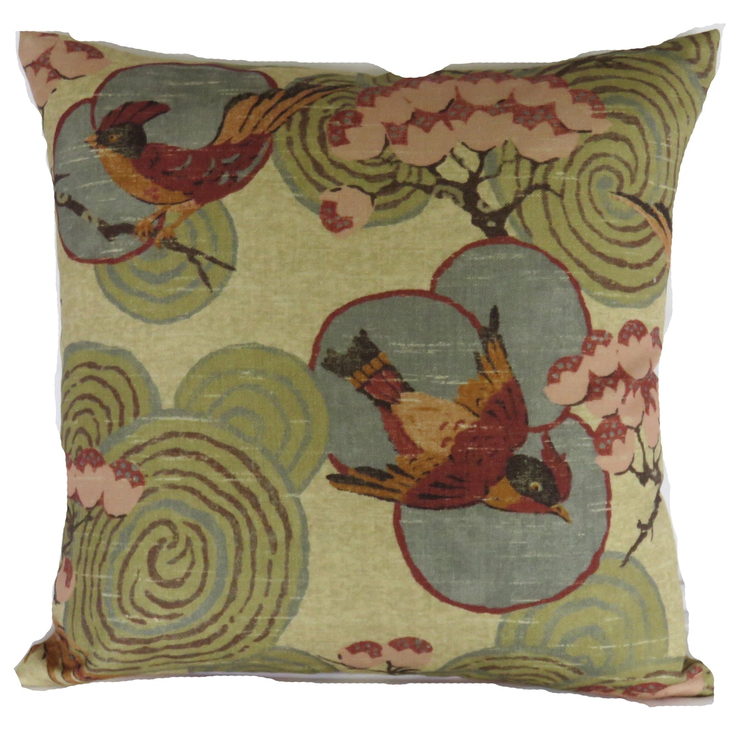 Tan, Green, Pink Asian Birds Pillow Cover,  Kyomi in Document