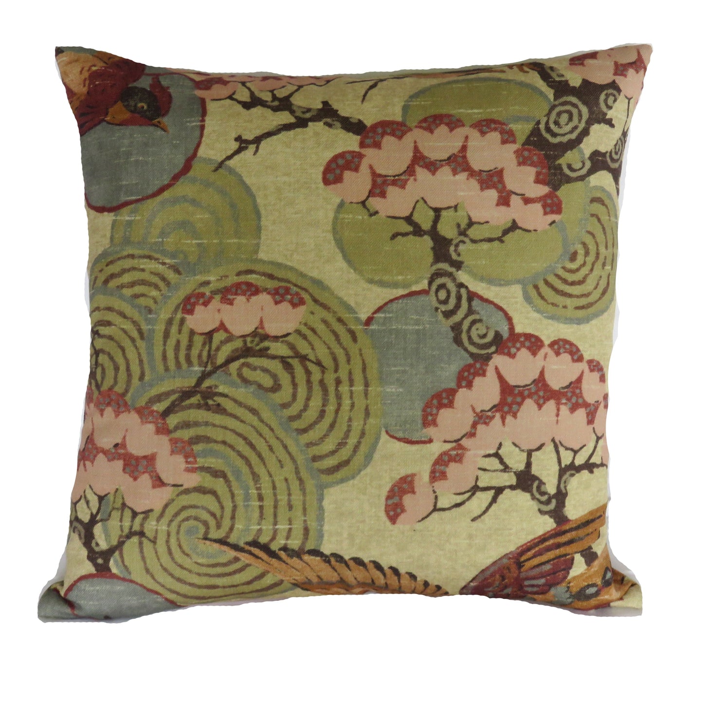 Tan, Green, Pink Asian Birds Pillow Cover,  Kyomi in Document