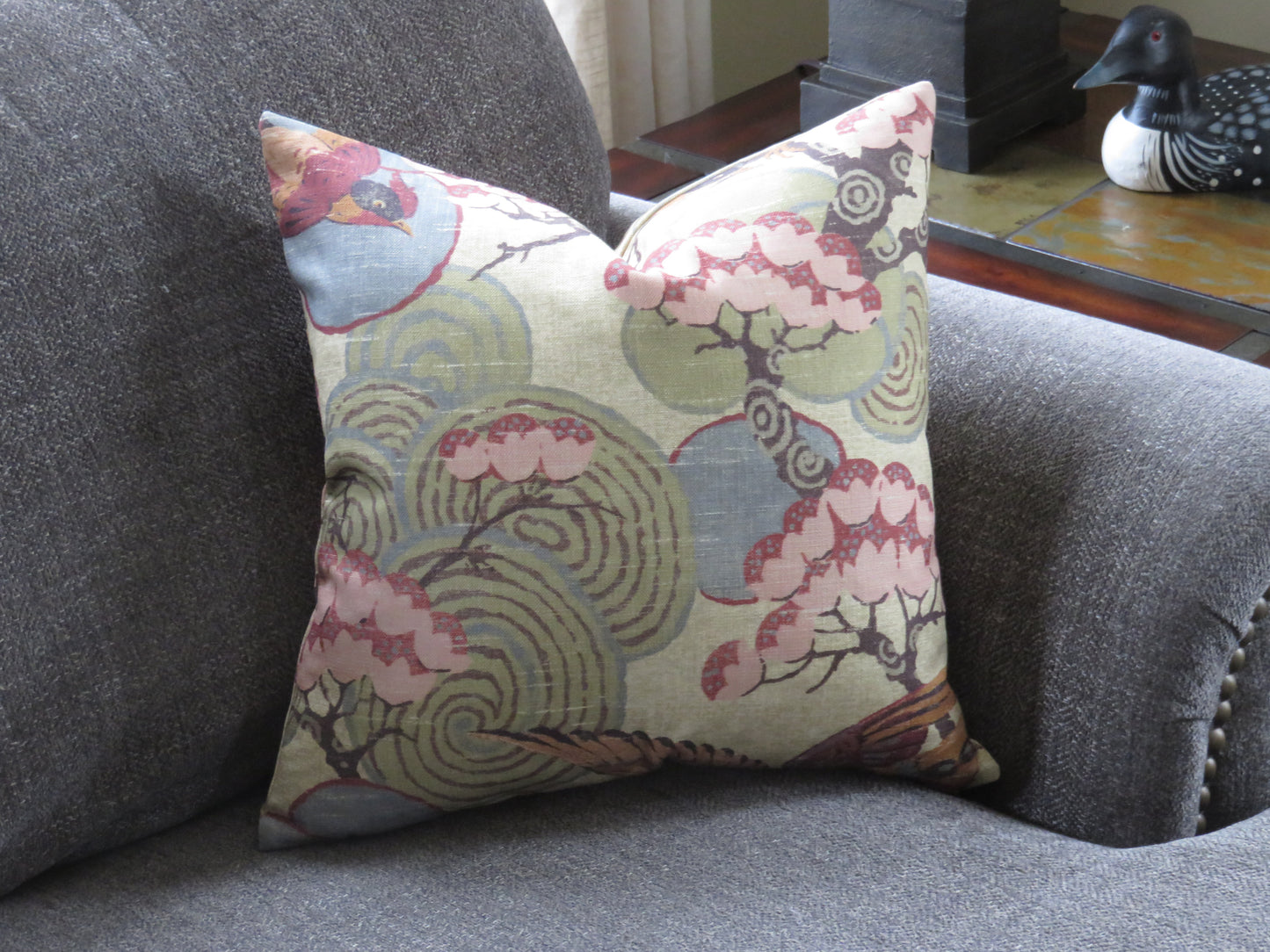 Tan, Green, Pink Asian Birds Pillow Cover,  Kyomi in Document