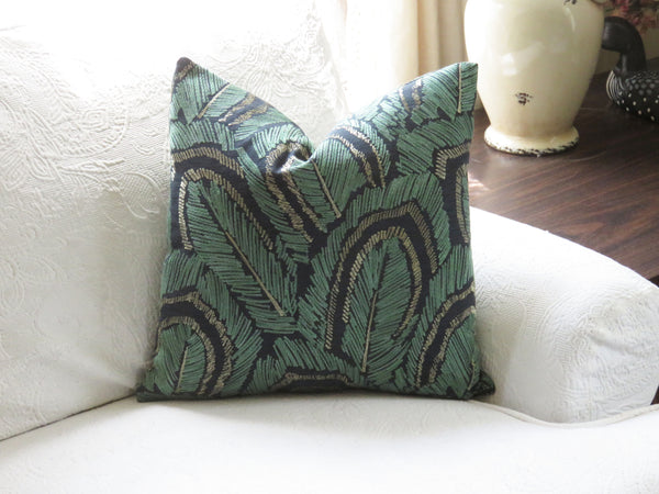 embroidered leaves pillow cover in jade green and metallic bronze on dark blue cotton