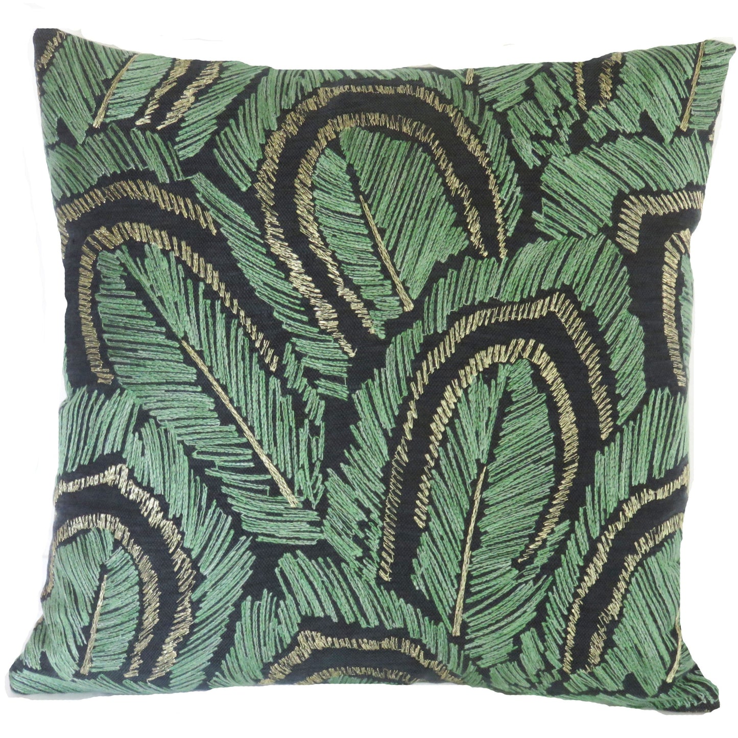 embroidered leaves pillow cover in jade green and metallic bronze on dark blue cotton