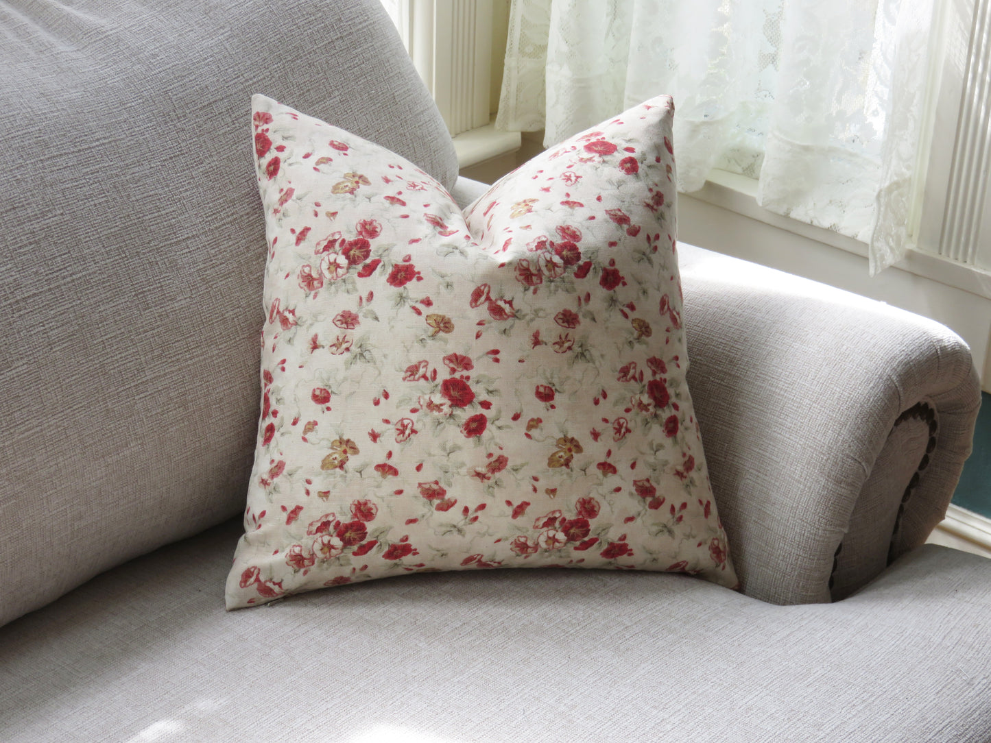 Fairhaven Rose Pillow Cover - Waverly Country Fabric, Red and Cream Morning Glory Floral