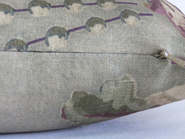 fresco floral pillow cover in sage green, purple, gold, cream and blue