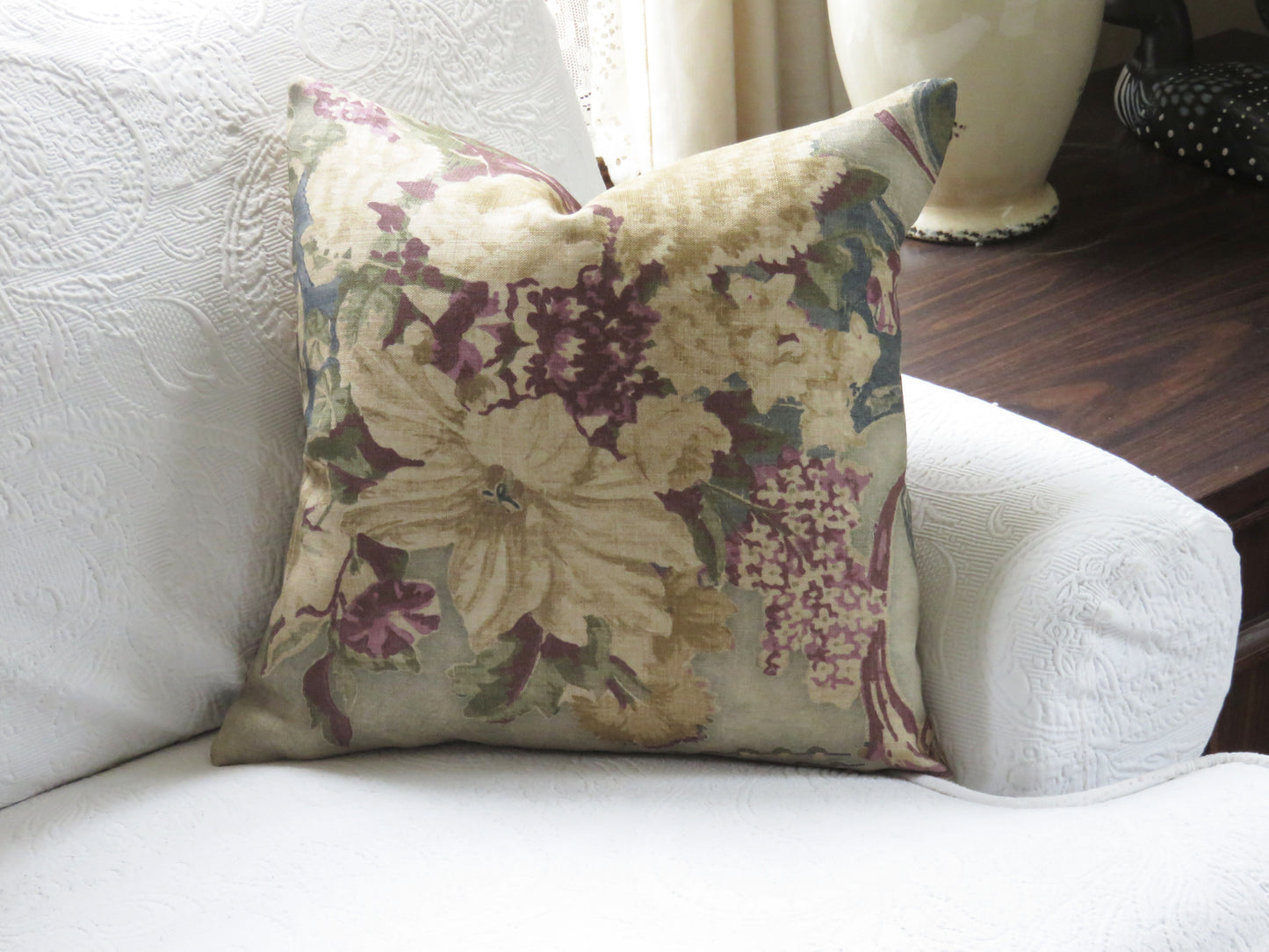 fresco floral pillow cover in sage green, purple, gold, cream and blue