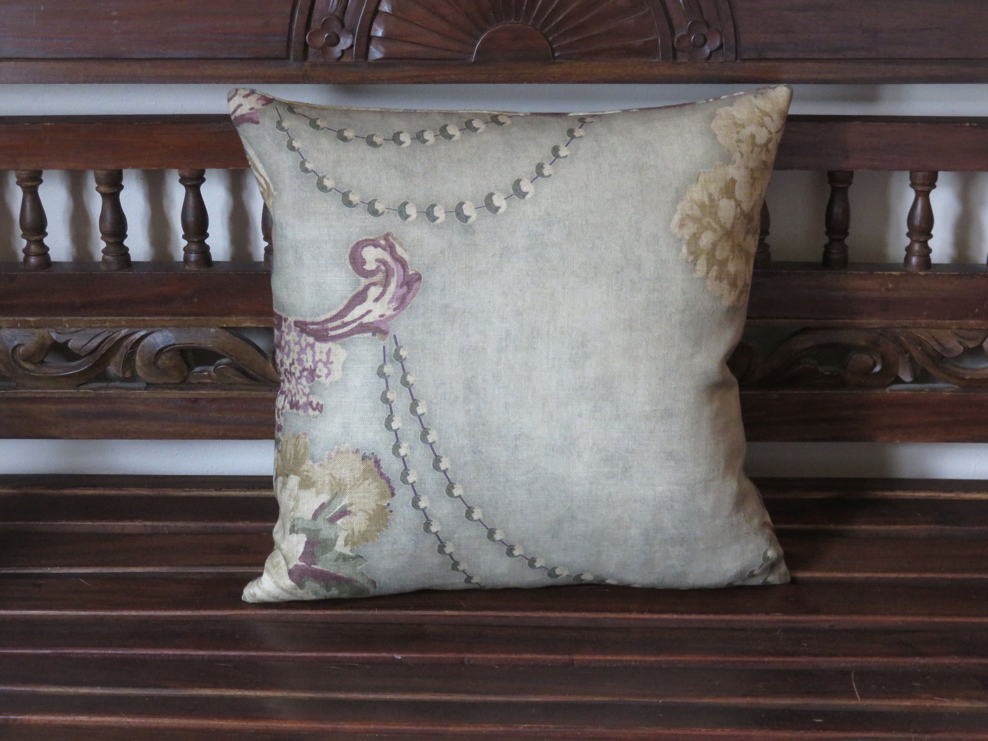 fresco floral pillow cover in sage green, purple, gold, cream and blue