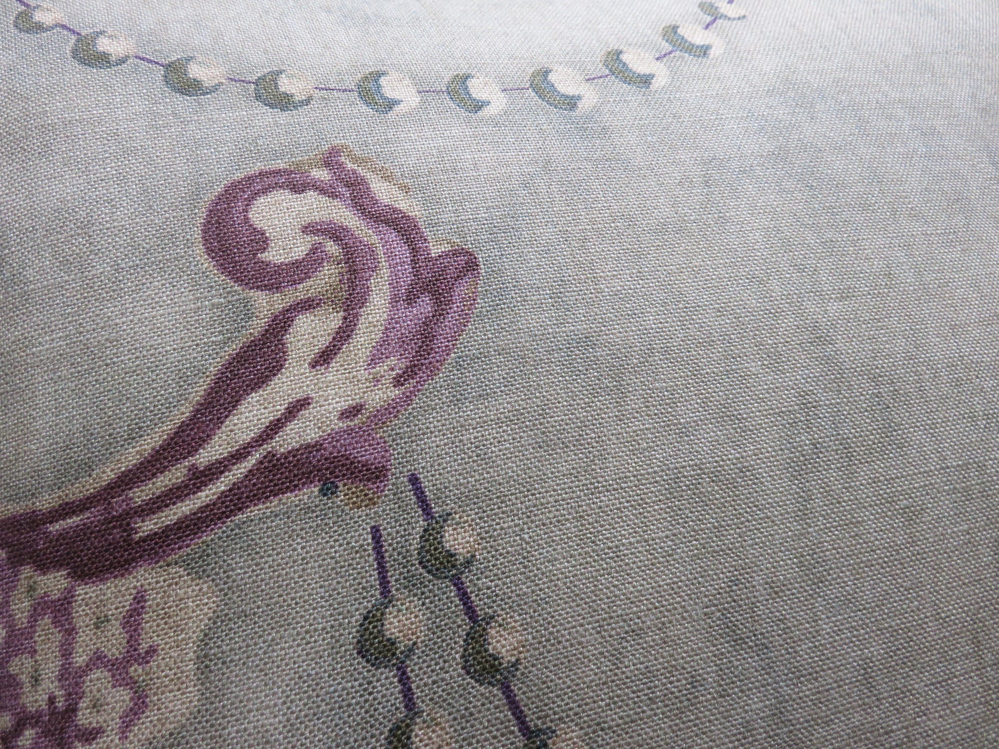 fresco floral pillow cover in sage green, purple, gold, cream and blue