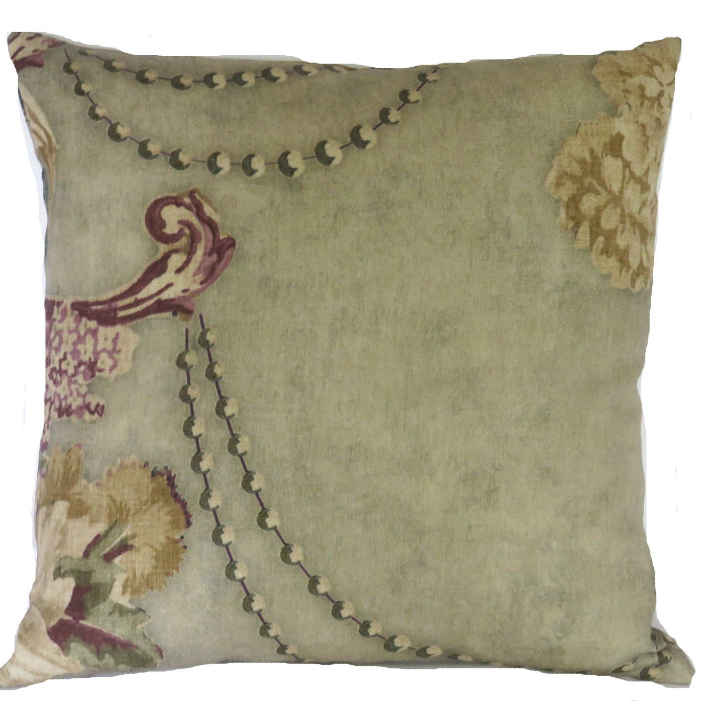 fresco floral pillow cover in sage green, purple, gold, cream and blue