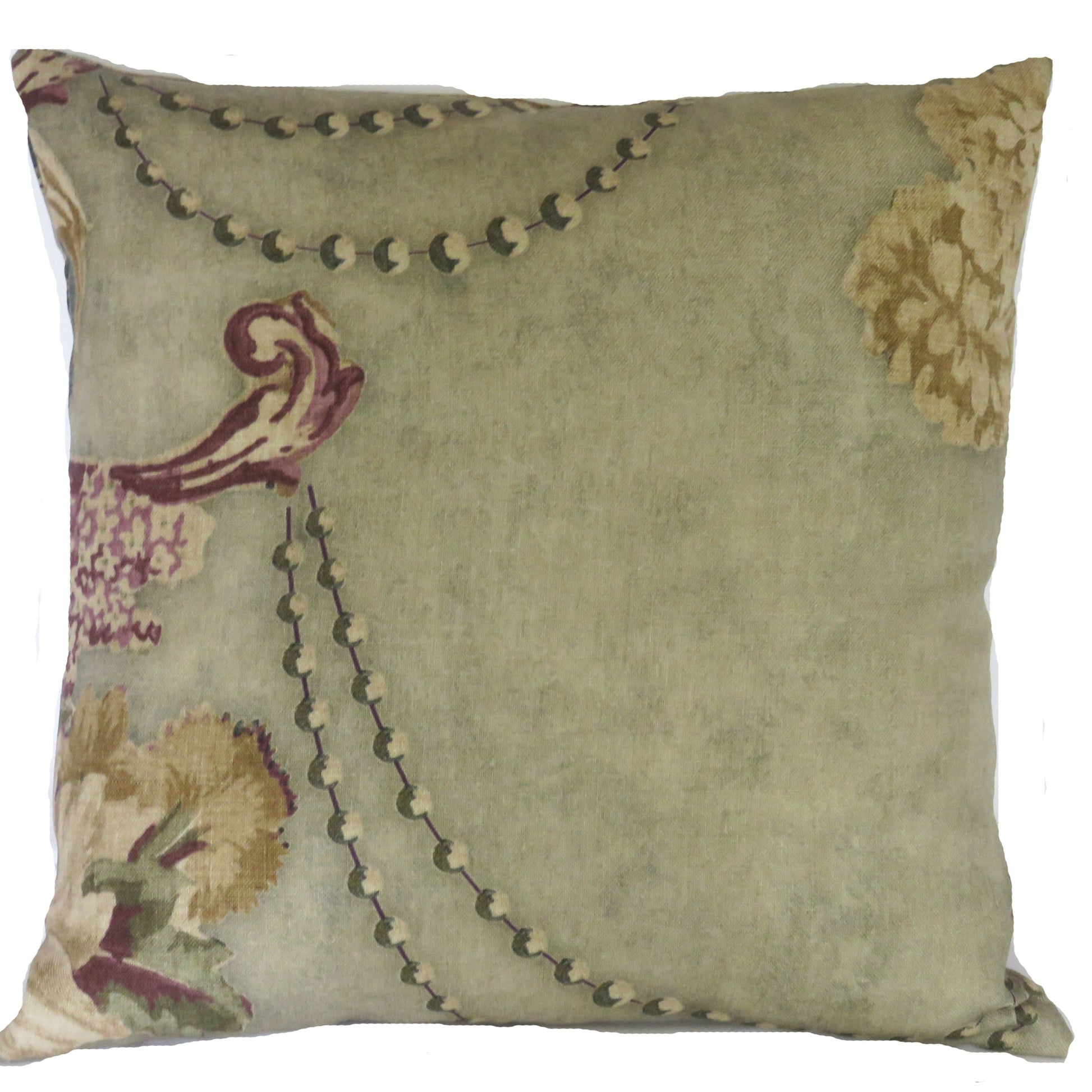 fresco floral pillow cover in sage green, purple, gold, cream and blue