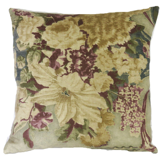 fresco floral pillow cover in sage green, purple, gold, cream and blue