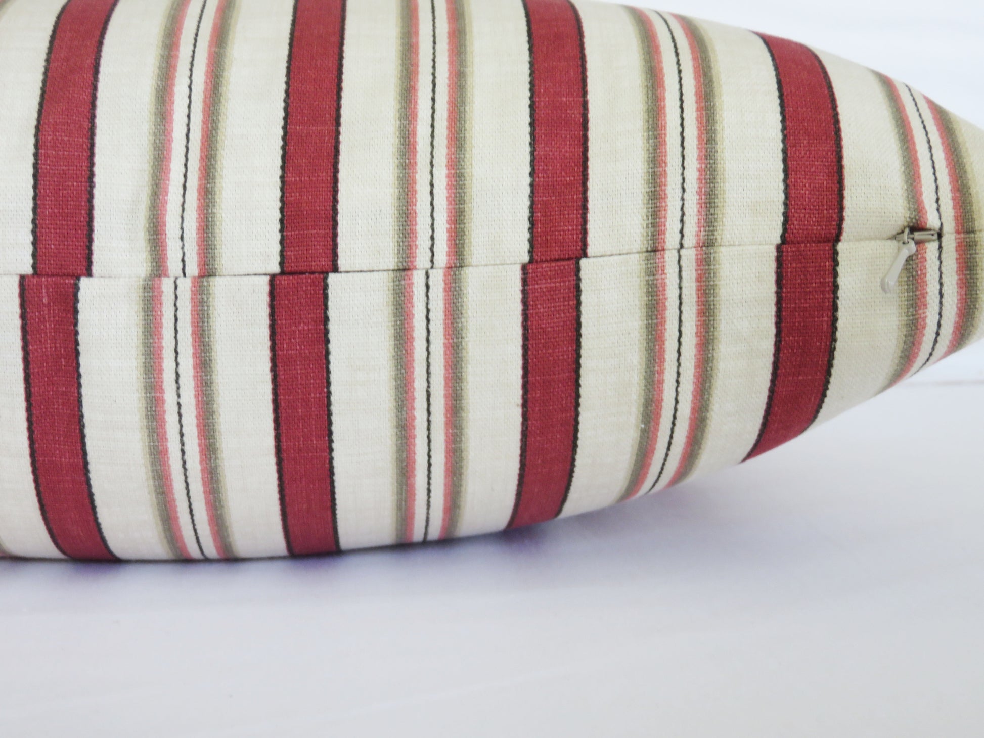 rose red and cream striped throw pillow made from discontinued Waverly General Store cotton fabric