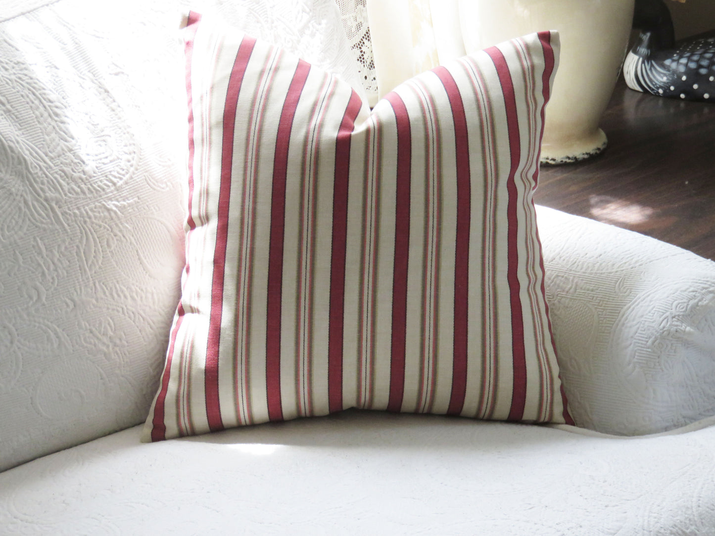 rose red and cream striped throw pillow made from discontinued Waverly General Store cotton fabric