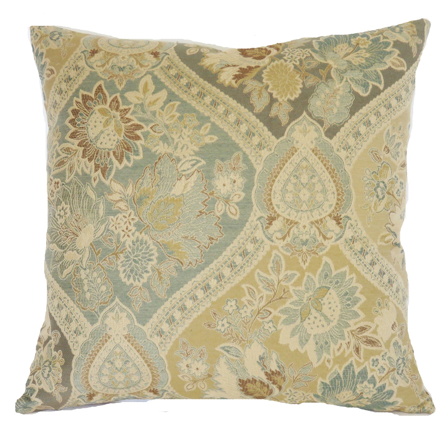 gold blue and brown floral brocade pillow cover