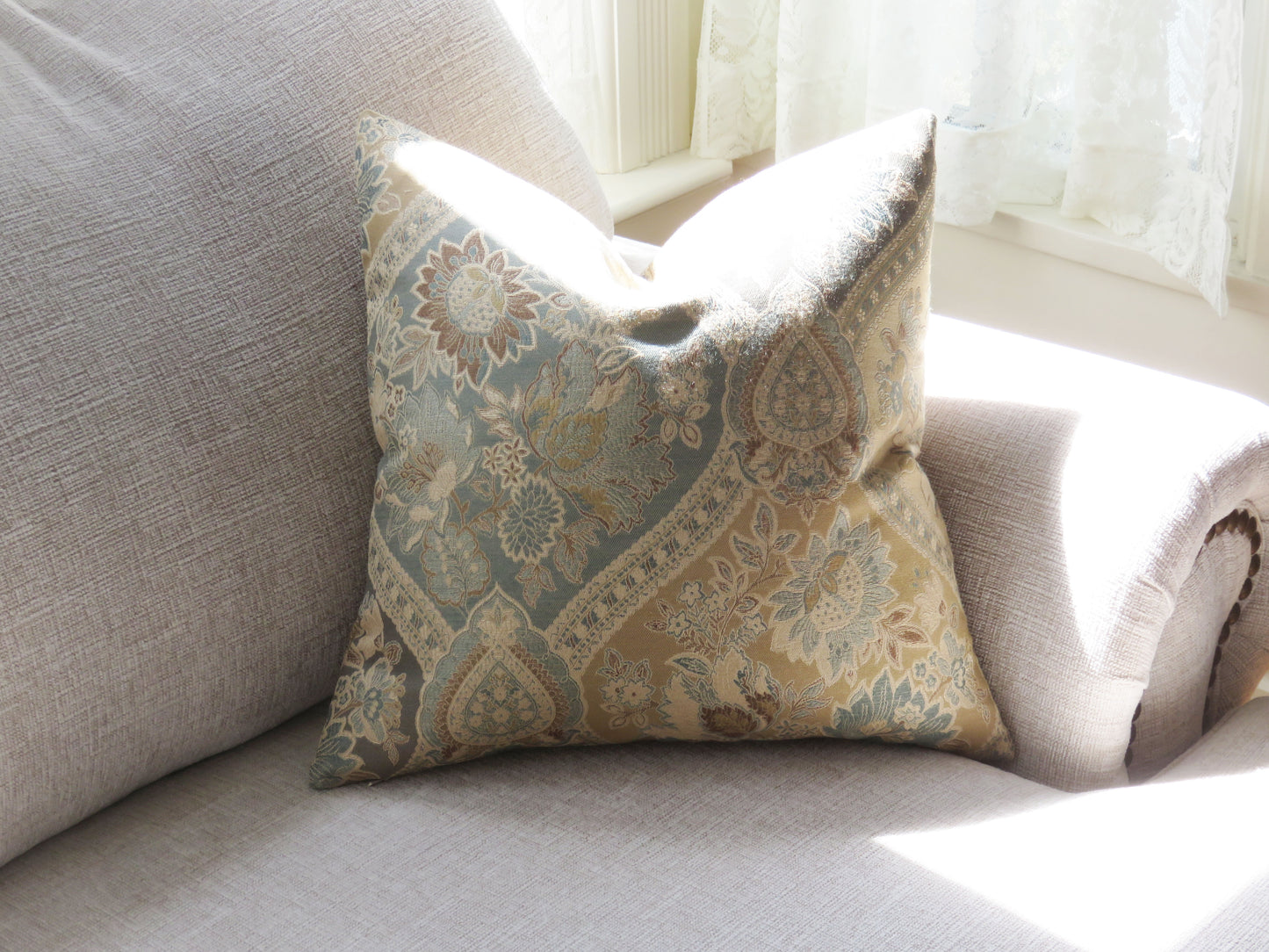 gold blue and brown floral brocade pillow cover