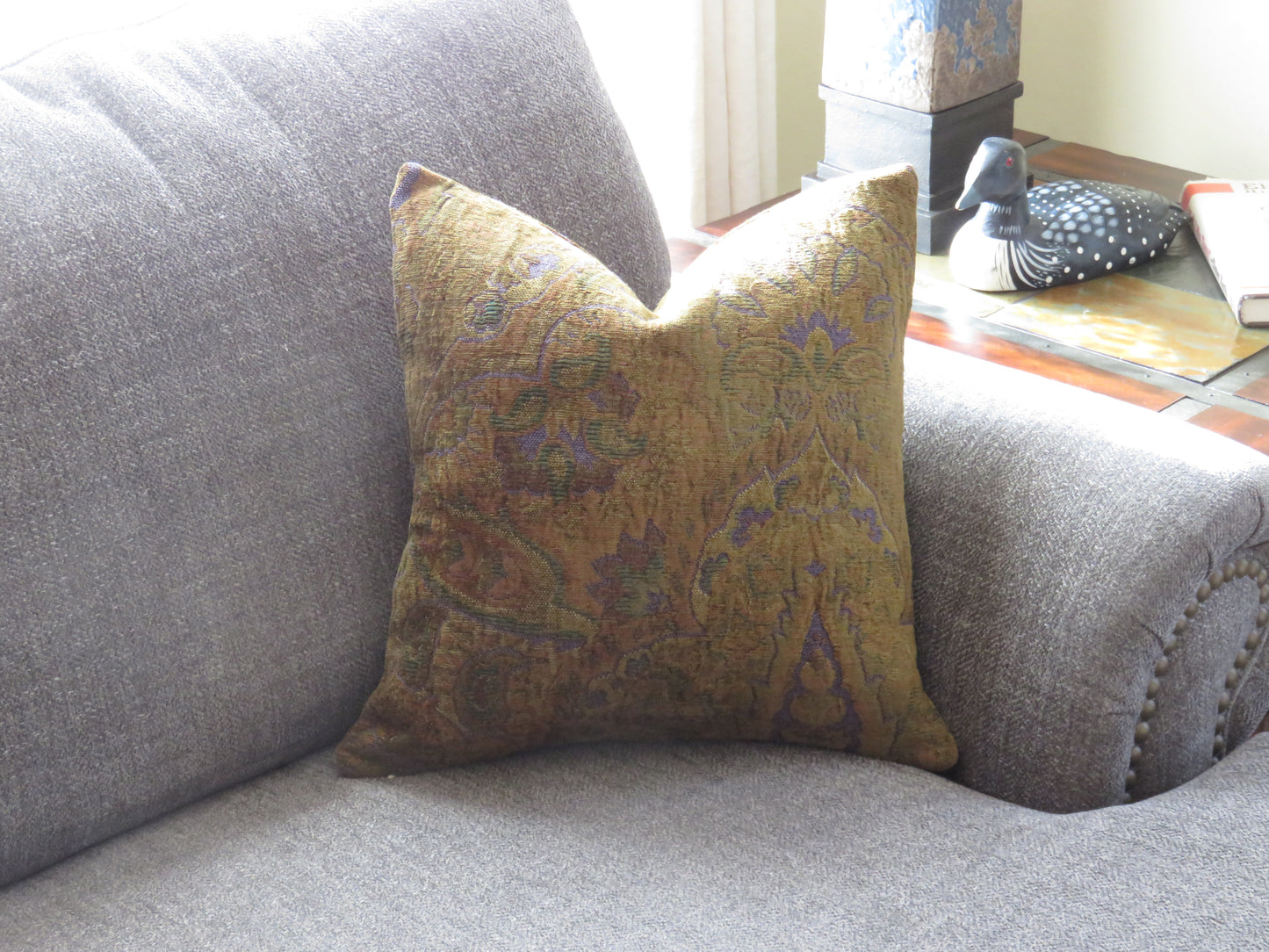 Golden Brown Paisley Chenille Pillow Cover with Purple and Green