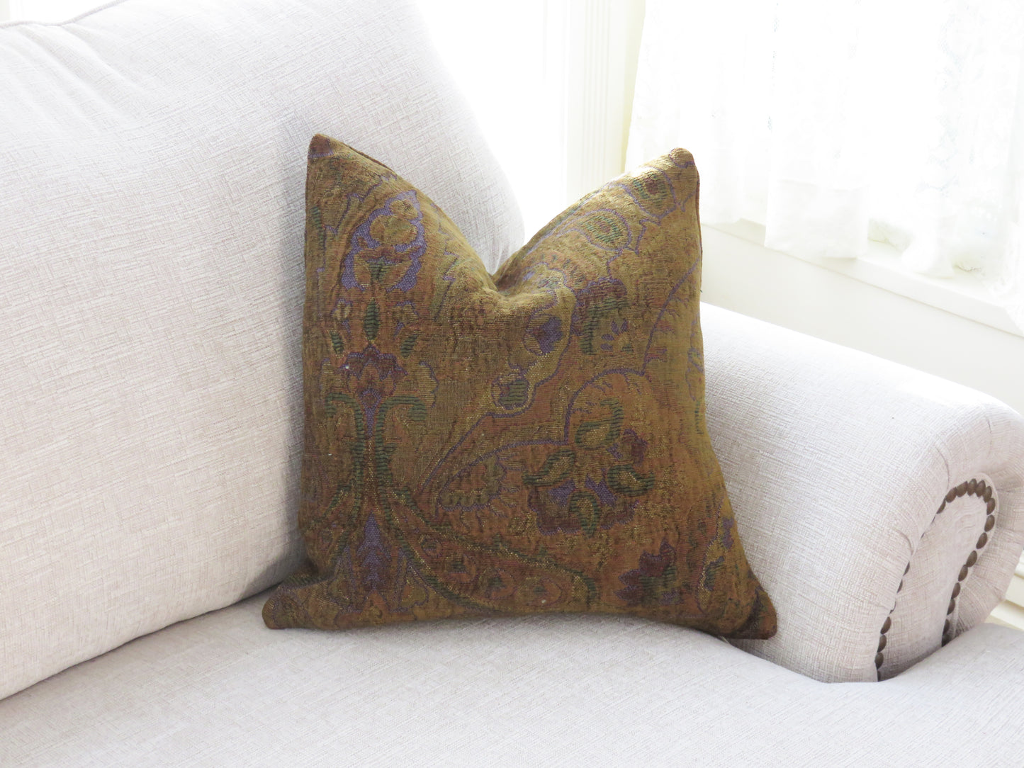 Golden Brown Paisley Chenille Pillow Cover with Purple and Green