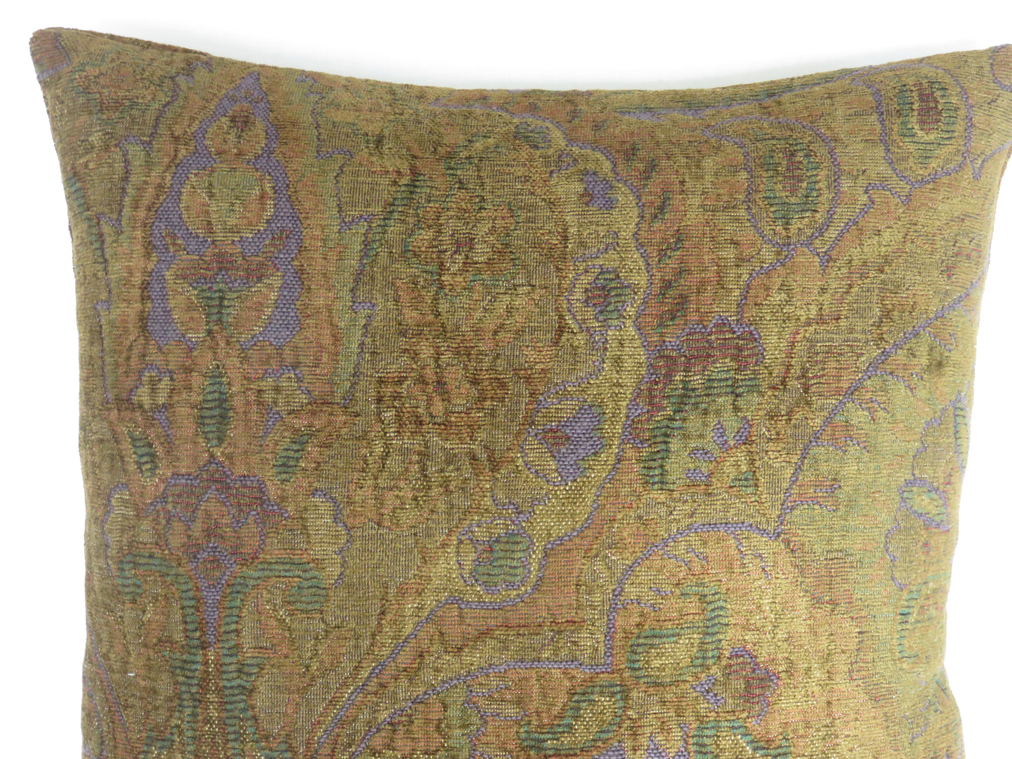 Golden Brown Paisley Chenille Pillow Cover with Purple and Green
