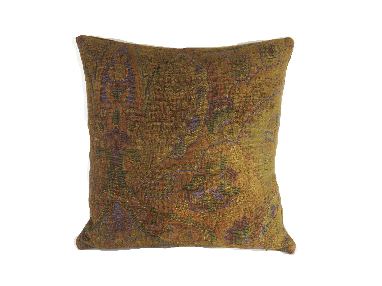 Golden Brown Paisley Chenille Pillow Cover with Purple and Green