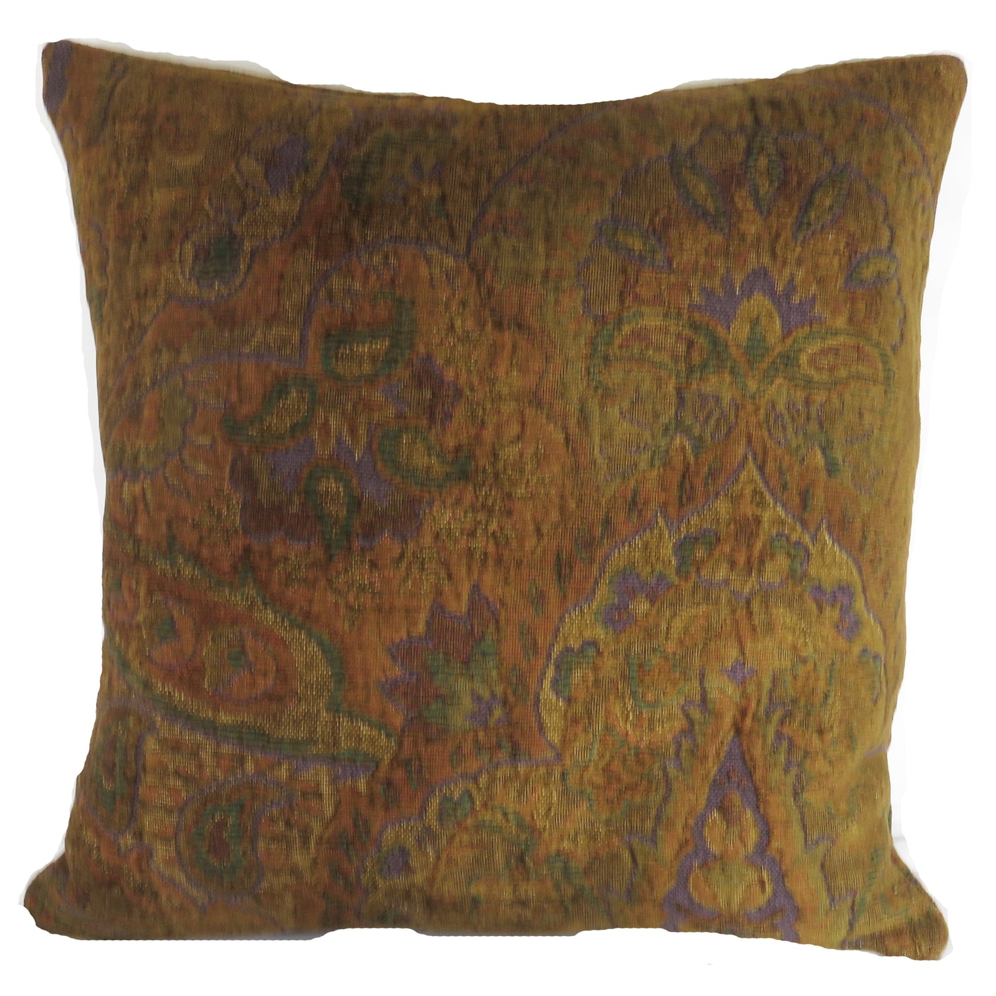 Golden Brown Paisley Chenille Pillow Cover with Purple and Green