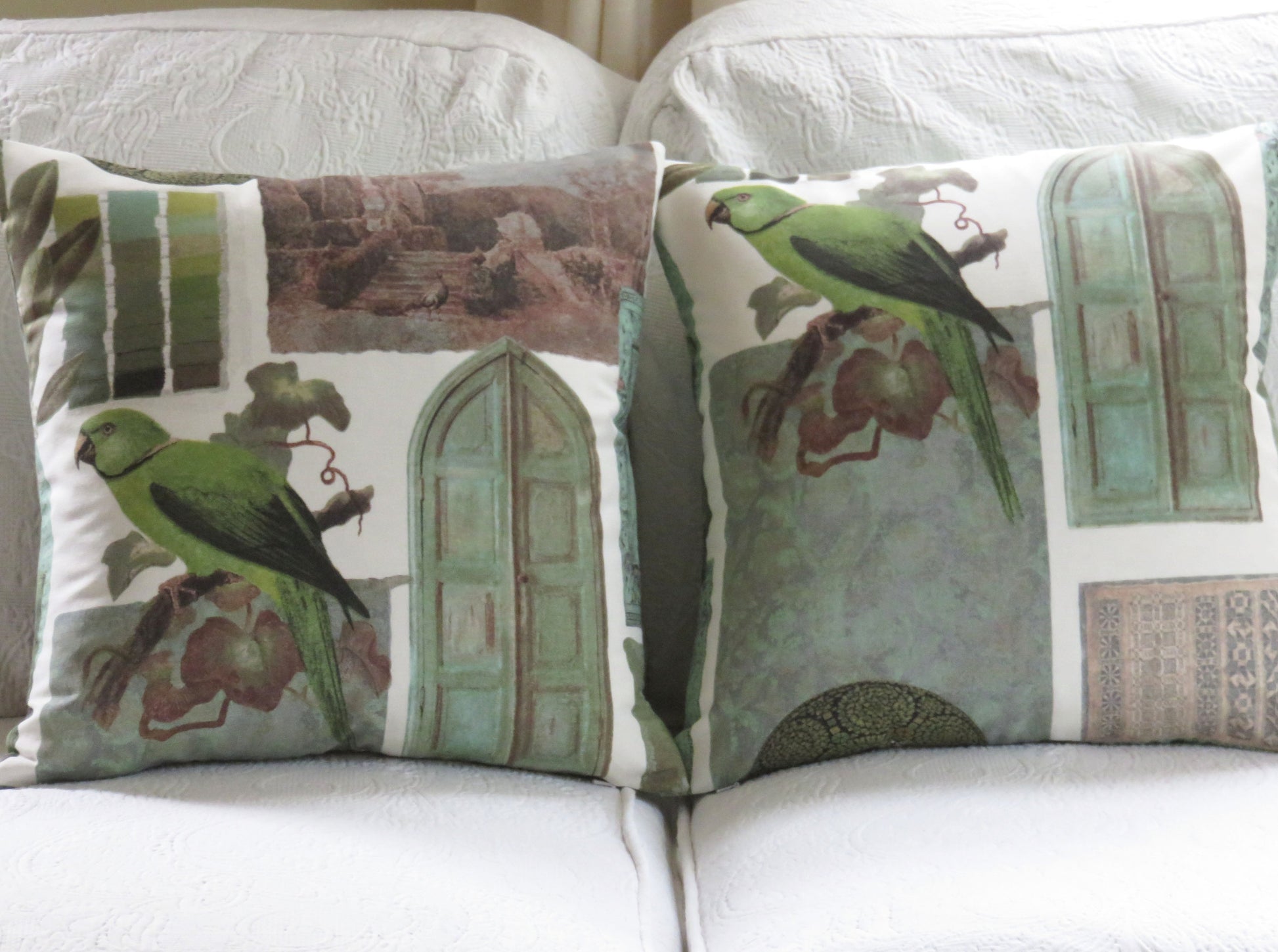 green parrot pillow cover made from vilber aruba cotton blend fabric