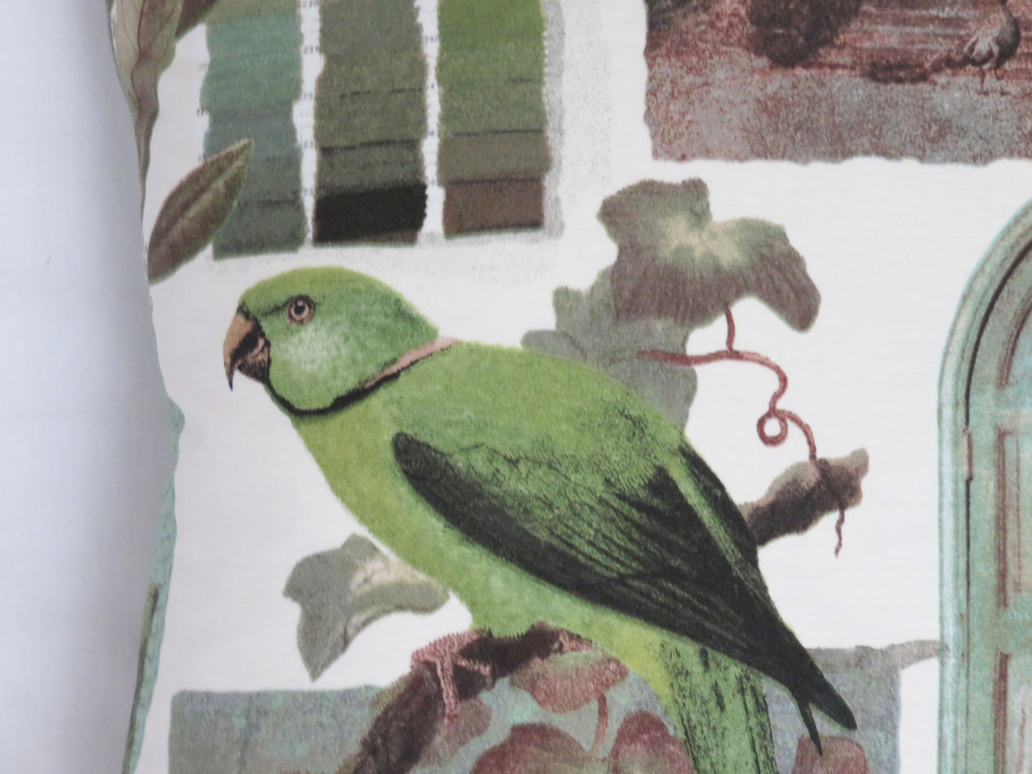 green parrot pillow cover made from vilber aruba cotton blend fabric