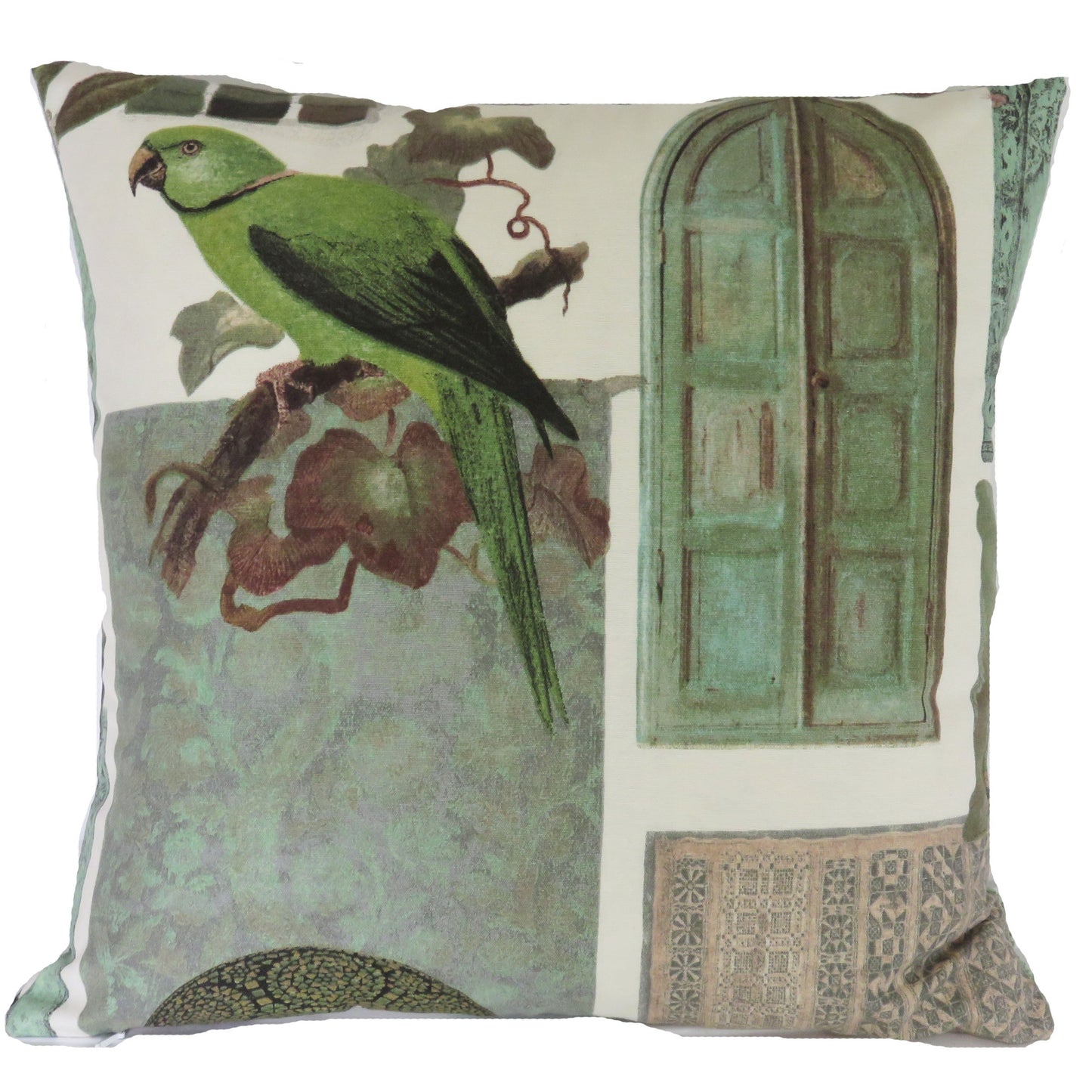 green parrot pillow cover made from vilber aruba cotton blend fabric