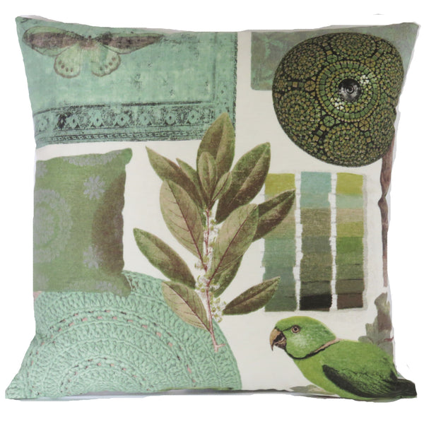 green parrot pillow cover made from vilber aruba cotton blend fabric