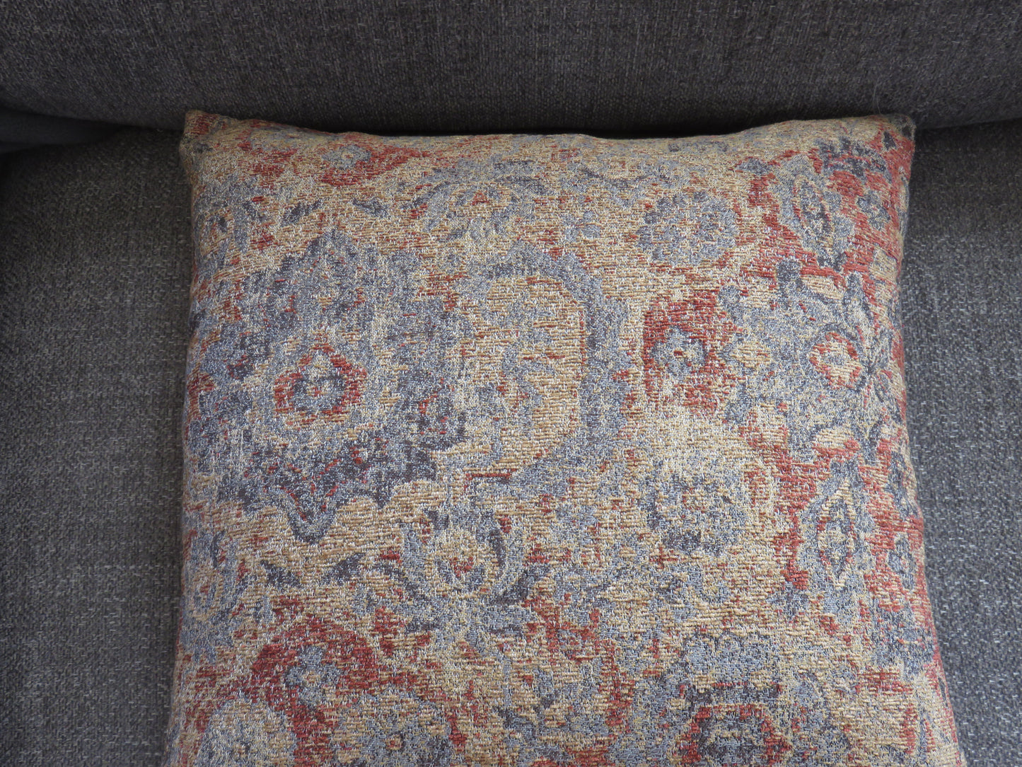 Grey Rust Gold Kilim Motif or Southwest Chenille Pillow Cover