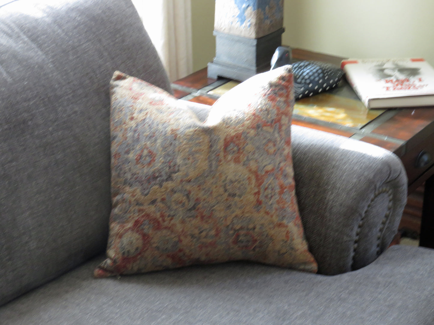 Grey Rust Gold Kilim Motif or Southwest Chenille Pillow Cover