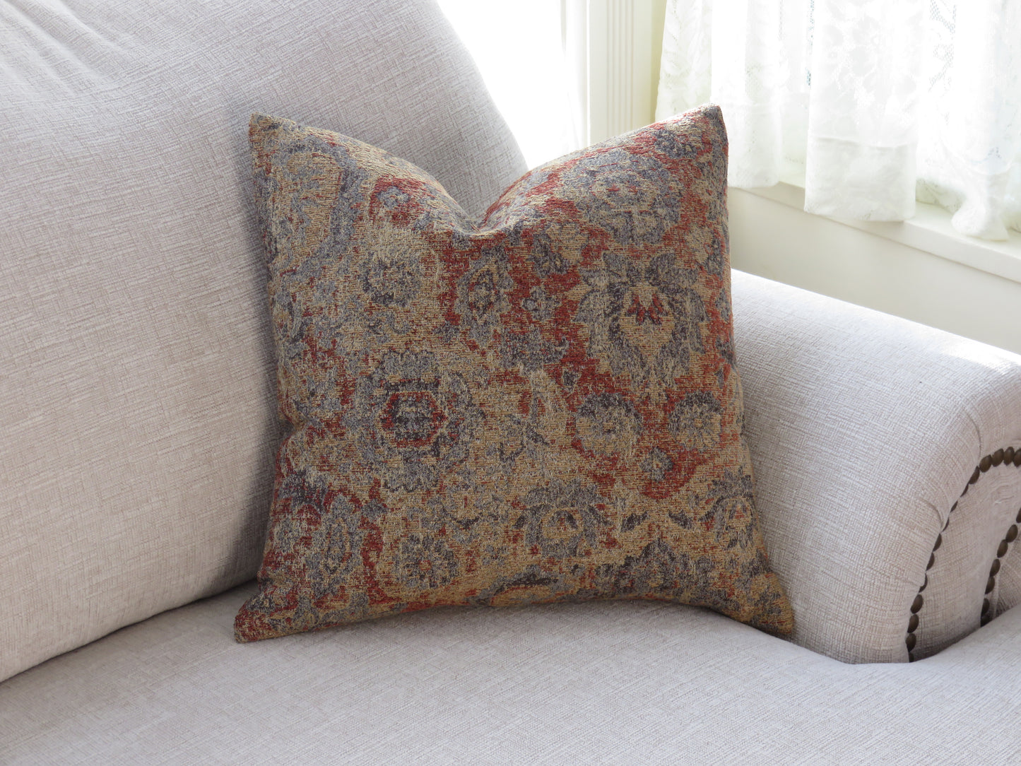 Grey Rust Gold Kilim Motif or Southwest Chenille Pillow Cover