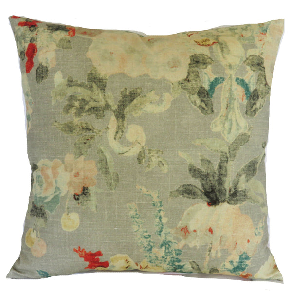Grey, orange and teal watercolor floral pillow cover